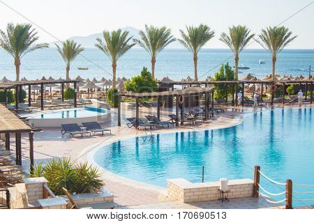 EGYPT, SHARM EL SHEIKH - JULY 19, 2015: Buildings and Area Hotel Jaz Belvedere in Sharm El Sheikh, Popular Center of a Beach Holiday and Diving, Red Sea, Summer, Egypt