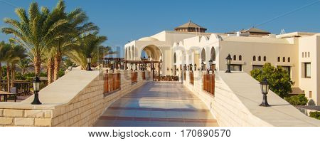EGYPT, SHARM EL SHEIKH - JULY 19, 2015: Buildings and Area Hotel Jaz Belvedere in Sharm El Sheikh, Popular Center of a Beach Holiday and Diving, Red Sea, Summer, Egypt