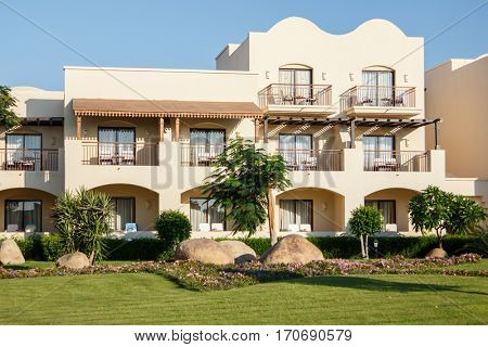 EGYPT, SHARM EL SHEIKH - JULY 19, 2015: Buildings and Area Hotel Jaz Belvedere in Sharm El Sheikh, Popular Center of a Beach Holiday and Diving, Red Sea, Summer, Egypt