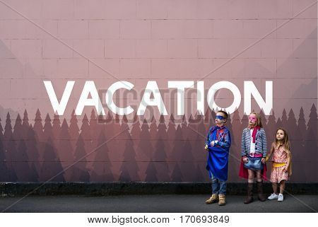 Vacation word on nature background with trees