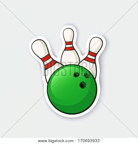 Vector illustration. Green bowling ball knocks down pins. Sports equipment. Cartoon sticker in comics style with contour. Decoration for greeting cards posters patches prints for clothes emblems