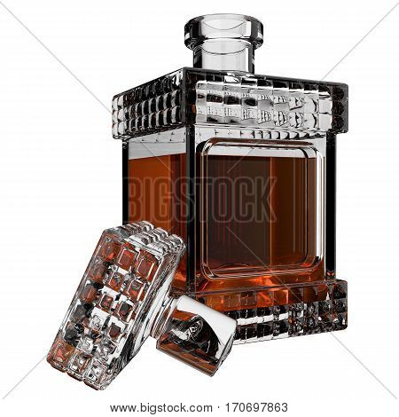 Decanter with whiskey on white background. 3D render