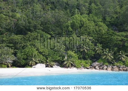 Praia da ilha de silhueta no Oceano Índico, seychelles