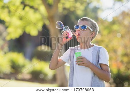 Cute young boy blowing bubbles through bubble wand in park