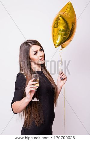Woman With Star Shaped Balloon Drinking Champagne On White