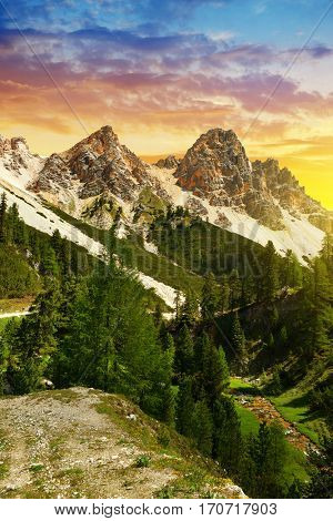 Mountain landscape in Fanes Nature Park at sunset - Italian Alps