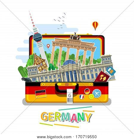 Concept of travel to Germany or studying German. German flag with landmarks in open suitcase. Flat design, vector illustration