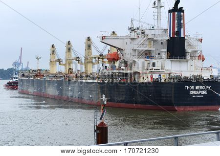 Photo with ship on the haven. June 2016 in Hamburg, Germany.