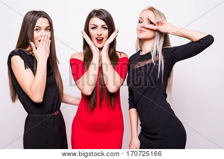 Three Fashion Models In  Night Dresses Have Fun On Camera.