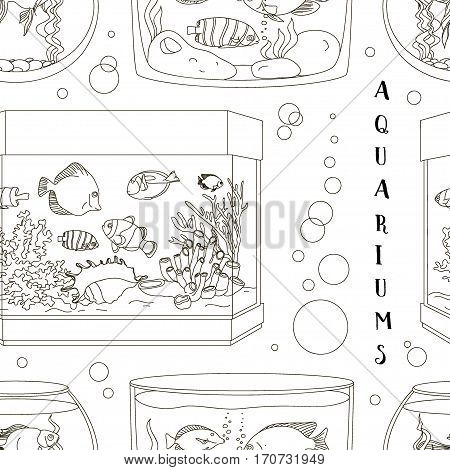 Glass Aquarium Set pattern. Different Form for Interior Home. Set of Fish and blue water.