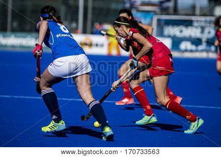 VALENCIA, SPAIN - FEBRUARY 5: Carola Salvatella during Hockey World League Round 2 match between Spain and Czech Republic at Betero Stadium on February 5, 2017 in Valencia, Spain