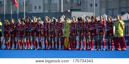 VALENCIA, SPAIN - FEBRUARY 5: Spanish Team during Hockey World League Round 2 match between Spain and Czech Republic at Betero Stadium on February 5, 2017 in Valencia, Spain