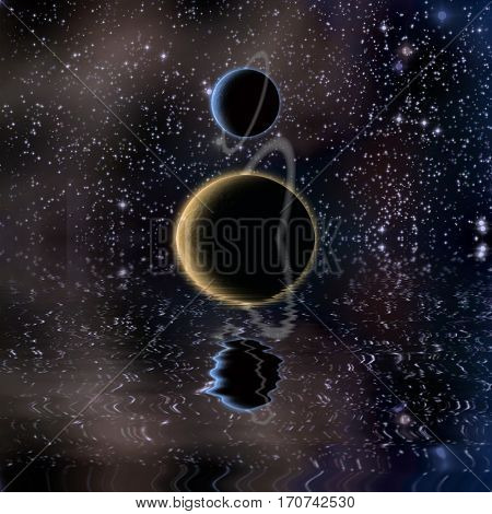 Waters reflection and Planets  3D Render  Some elements provided courtesy of NASA

