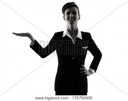 one caucasian Stewardess cabin crew  woman hands open isolated on white background in  silhouette
