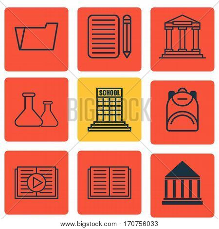 Set Of 9 School Icons. Includes Haversack, Education Center, Chemical And Other Symbols. Beautiful Design Elements.