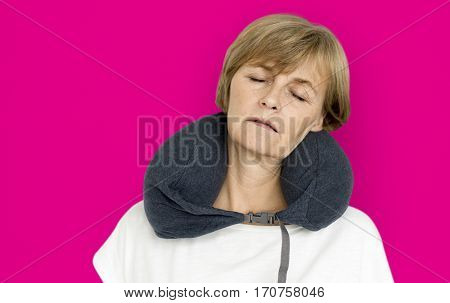 Senior Adult Woman Neck Pilow Comfortable Sleeping Concept