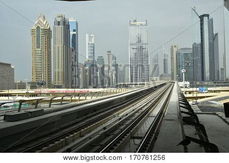 Dubai, United Arab Emirates - February 11, 2017, The Dubai Metro is a driverless, fully automated metro rail network in Dubai, United Arab Emirates