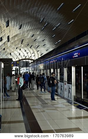 Dubai, United Arab Emirates - February 11, 2017, The Dubai Metro is a driverless, fully automated metro rail network in Dubai, United Arab Emirates