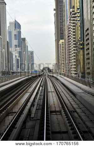 Dubai, United Arab Emirates - February 11, 2017, The Dubai Metro is a driverless, fully automated metro rail network in Dubai, United Arab Emirates