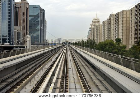 Dubai, United Arab Emirates - February 11, 2017, The Dubai Metro is a driverless, fully automated metro rail network in Dubai, United Arab Emirates