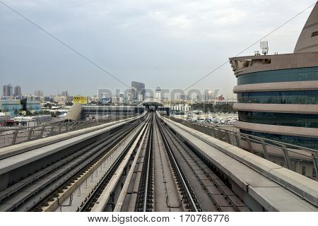 Dubai, United Arab Emirates - February 19, 2017, The Dubai Metro is a driverless, fully automated metro rail network in Dubai, United Arab Emirates