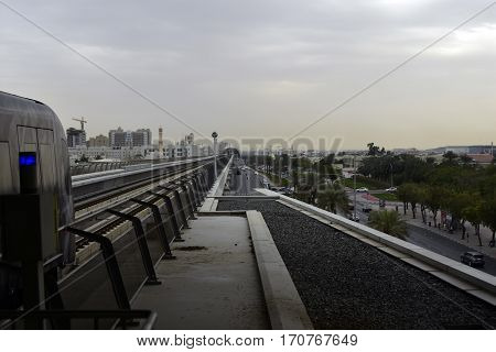 Dubai, United Arab Emirates - February 19, 2017, The Dubai Metro is a driverless, fully automated metro rail network in Dubai, United Arab Emirates