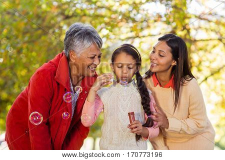 Playful multi-generation family blowing bubbles at park