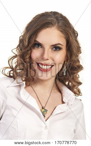 Young smiling girl - portrait . The business style. Studio shot on white background.