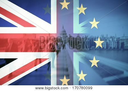 flags of UK and EU combined over icons of London - Brexit concept