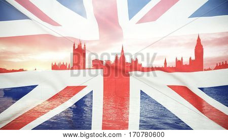 flags of UK and EU combined over icons of London - Brexit concept