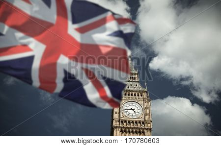 flags of UK and EU combined over icons of London - Brexit concept
