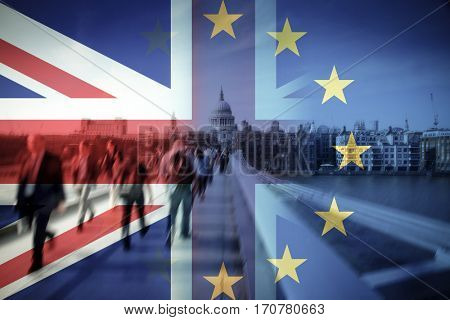 flags of UK and EU combined over icons of London - Brexit concept