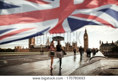 flags of UK and EU combined over icons of London - Brexit concept