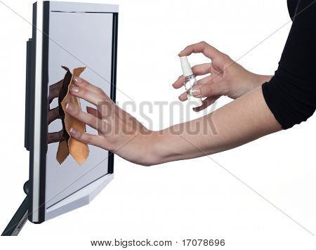 woman cleaning computer display isolated studio on white background