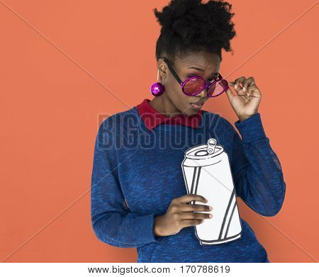 African Woman with Sunglasses Holding a Can Beverage