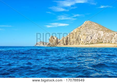The arch point (El Arco) at Cabo San Lucas, Mexico. View from open ocean side. Divorce Beach (Playa del Divorcio).