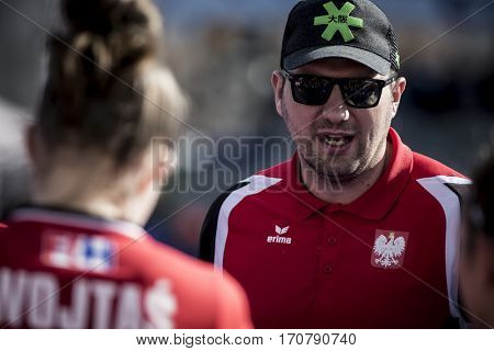 VALENCIA, SPAIN - FEBRUARY 7: Poland coach Rachwalski during Hockey World League Round 2 match between Ghana and Poland at Betero Stadium on February 7, 2017 in Valencia, Spain
