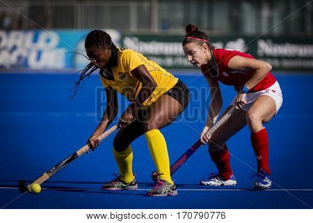 VALENCIA, SPAIN - FEBRUARY 7: (L) Shaibu, (R) Blaszyk during Hockey World League Round 2 match between Ghana and Poland at Betero Stadium on February 7, 2017 in Valencia, Spain