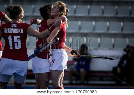 VALENCIA, SPAIN - FEBRUARY 7: Slawinska, (R) Polewczak celebrating a goal during Hockey World League Round 2 match between Ghana and Poland at Betero Stadium on February 7, 2017 in Valencia, Spain