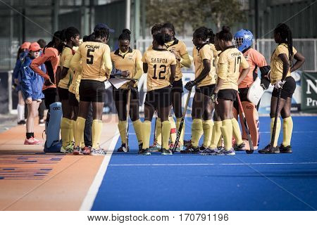 VALENCIA, SPAIN - FEBRUARY 7: Ghana players during Hockey World League Round 2 match between Ghana and Poland at Betero Stadium on February 7, 2017 in Valencia, Spain