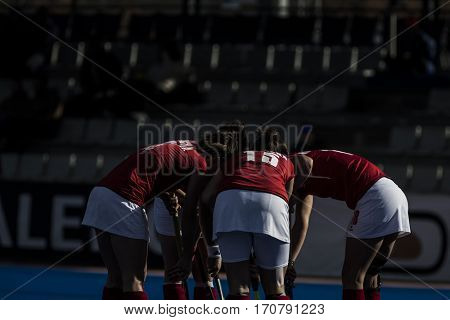 VALENCIA, SPAIN - FEBRUARY 7: Poland players during Hockey World League Round 2 match between Ghana and Poland at Betero Stadium on February 7, 2017 in Valencia, Spain