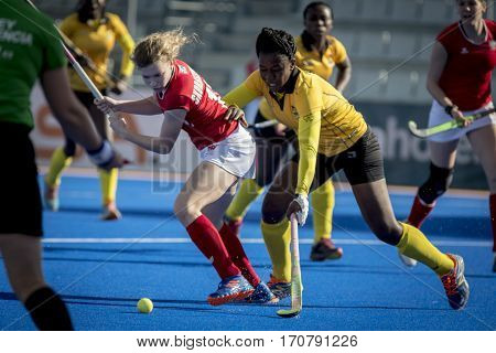 VALENCIA, SPAIN - FEBRUARY 7: (L) Daria Skoraszewska during Hockey World League Round 2 match between Ghana and Poland at Betero Stadium on February 7, 2017 in Valencia, Spain