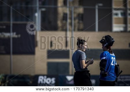 VALENCIA, SPAIN - FEBRUARY 7: (L) Anna Gabara (R) Marta Kucharska during Hockey World League Round 2 match between Ghana and Poland at Betero Stadium on February 7, 2017 in Valencia, Spain