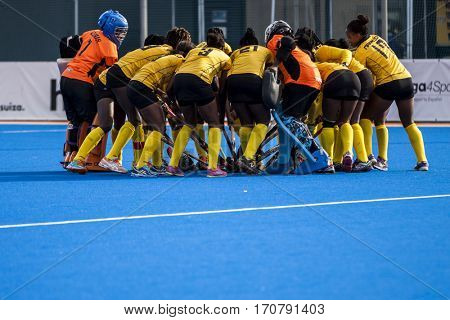 VALENCIA, SPAIN - FEBRUARY 7: Ghana players during Hockey World League Round 2 match between Ghana and Poland at Betero Stadium on February 7, 2017 in Valencia, Spain