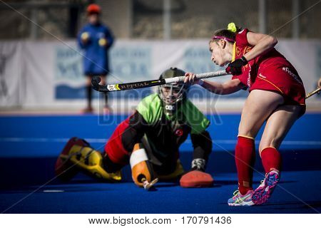 VALENCIA, SPAIN - FEBRUARY 7: Bonastre scores a goal during Hockey World League Round 2 match between Spain and Turkey at Betero Stadium on February 7, 2017 in Valencia, Spain