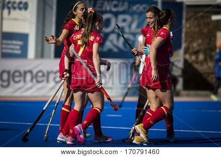 VALENCIA, SPAIN - FEBRUARY 7: Spanish players celebrate a goal during Hockey World League Round 2 match between Spain and Turkey at Betero Stadium on February 7, 2017 in Valencia, Spain