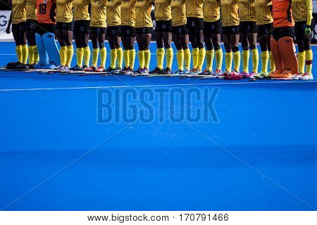 VALENCIA, SPAIN - FEBRUARY 7: Ghana players during Hockey World League Round 2 match between Ghana and Poland at Betero Stadium on February 7, 2017 in Valencia, Spain