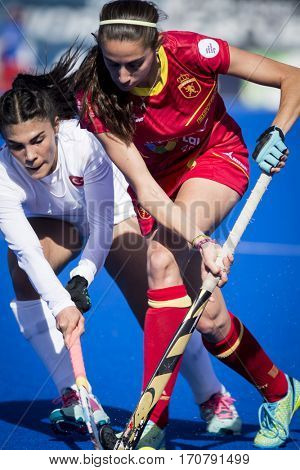 VALENCIA, SPAIN - FEBRUARY 7: (R) Carola Salvatella during Hockey World League Round 2 match between Spain and Turkey at Betero Stadium on February 7, 2017 in Valencia, Spain