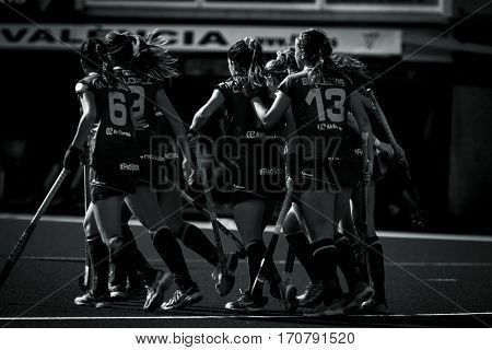 VALENCIA, SPAIN - FEBRUARY 7: Spanish players celebrate a goal during Hockey World League Round 2 match between Spain and Turkey at Betero Stadium on February 7, 2017 in Valencia, Spain