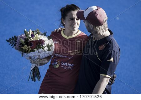 VALENCIA, SPAIN - FEBRUARY 7: Adrian Lock and Rocio Gutierrez during Hockey World League Round 2 match between Spain and Turkey at Betero Stadium on February 7, 2017 in Valencia, Spain